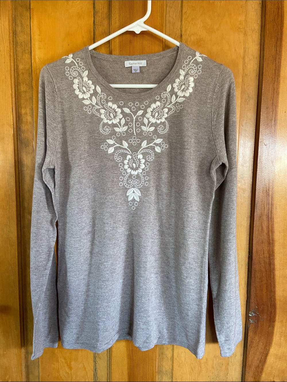 Garnet Hill Taupe Knit Long-Sleeve Top with Cream Floral Embroidery